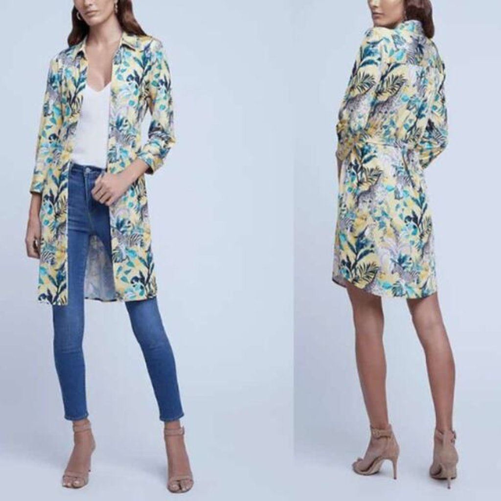 Nwt L'agence Tie Waist Button Front Addison Yellow Jungle Print Shirt Dress